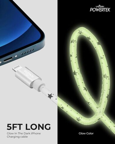 شاحن معتمد من LIQUIPEL Powertek Glow MFi متوافق مع أجهزة Apple iPhone وiPad وكابل 5 أقدام وسلك كابل Lightning إلى USB وكابل Lightning للشحن السريع (أزرق) in Kuwait