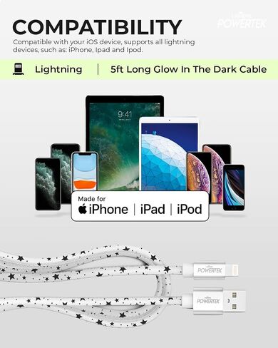 شاحن معتمد من LIQUIPEL Powertek Glow MFi متوافق مع أجهزة Apple iPhone وiPad وكابل 5 أقدام وسلك كابل Lightning إلى USB وكابل Lightning للشحن السريع (أزرق) in Kuwait
