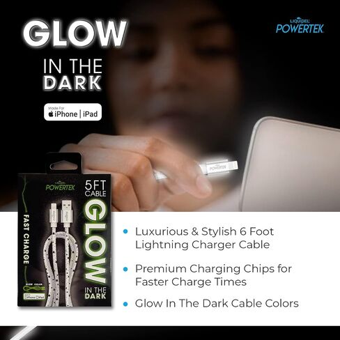 شاحن معتمد من LIQUIPEL Powertek Glow MFi متوافق مع أجهزة Apple iPhone وiPad وكابل 5 أقدام وسلك كابل Lightning إلى USB وكابل Lightning للشحن السريع (أزرق) in Kuwait