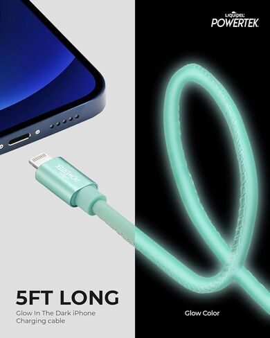 شاحن معتمد من LIQUIPEL Powertek Glow MFi متوافق مع أجهزة Apple iPhone وiPad وكابل 5 أقدام وسلك كابل Lightning إلى USB وكابل Lightning للشحن السريع (أزرق) in Kuwait