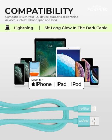 شاحن معتمد من LIQUIPEL Powertek Glow MFi متوافق مع أجهزة Apple iPhone وiPad وكابل 5 أقدام وسلك كابل Lightning إلى USB وكابل Lightning للشحن السريع (أزرق) in Kuwait