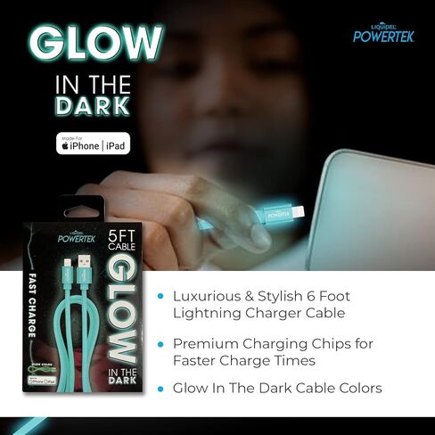 شاحن معتمد من LIQUIPEL Powertek Glow MFi متوافق مع أجهزة Apple iPhone وiPad وكابل 5 أقدام وسلك كابل Lightning إلى USB وكابل Lightning للشحن السريع (أزرق) in Kuwait