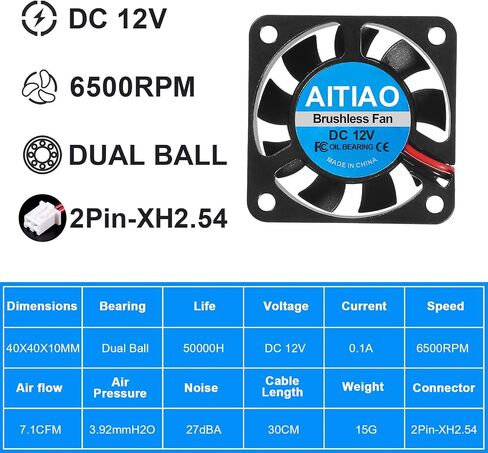 AITIAO 6 قطع 4010 مروحة منفاخ تيار مستمر 12 فولت مراوح تبريد صغيرة بدون فرش 40 × 40 × 10 مم منفاخ طابعة ثلاثية الأبعاد 4010 مراوح محملة بالزيت منفاخ توربيني مع طرفين دبوسين لخافضات حرارة الطارد للطابعة ثلاثية الأبعاد (4010 12 فولت) in Saudi Arabia