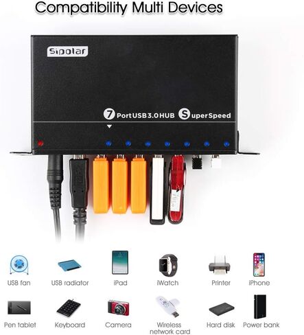 Powered USB Hub, Sipolar 7-Port USB 3.0 Hub with LED Indicator Multiport USB Spilitter with 12V 3A Power Adapter USB Port Expander for Laptops, PC, Computer, Miner, Mobile HDD, Flash Drive and More in Kuwait