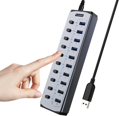 Sipolar USB Hub Powered 10-Port Hub with Individual On/Off Switches and 12W 4A Power Adapter,Aluminum Casing in Kuwait