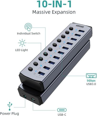 Sipolar USB Hub Powered 10-Port Hub with Individual On/Off Switches and 12W 4A Power Adapter,Aluminum Casing in Kuwait