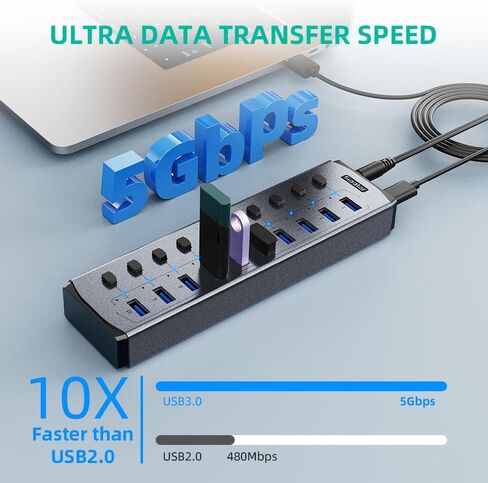 Sipolar USB Hub Powered 10-Port Hub with Individual On/Off Switches and 12W 4A Power Adapter,Aluminum Casing in Kuwait