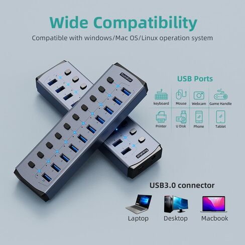 Sipolar USB Hub Powered 10-Port Hub with Individual On/Off Switches and 12W 4A Power Adapter,Aluminum Casing in Kuwait