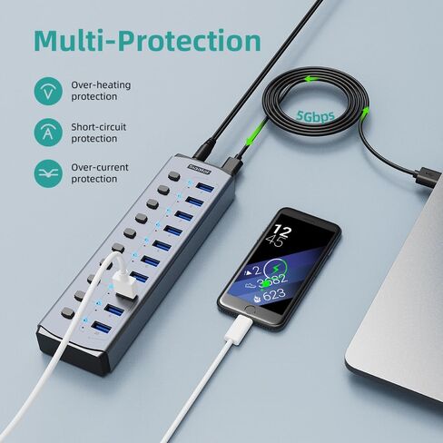 Sipolar USB Hub Powered 10-Port Hub with Individual On/Off Switches and 12W 4A Power Adapter,Aluminum Casing in Kuwait