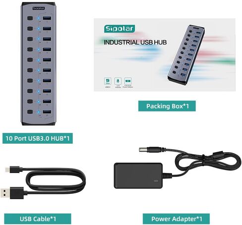 Sipolar USB Hub Powered 10-Port Hub with Individual On/Off Switches and 12W 4A Power Adapter,Aluminum Casing in Kuwait