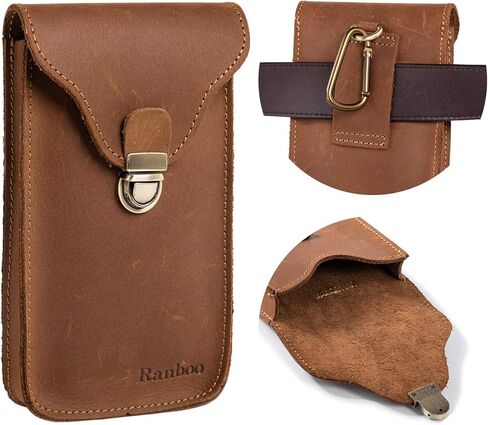 حافظة هاتف محمول من الجلد الطبيعي من Ranboo تناسب هاتف iPhone 15 Pro Max Samsung Galaxy A14 A54 S23 Ultra S22 Ultra S21 Ultra Note 20 Ultra 10+ 9 8، حافظة حزام الهاتف مع حقيبة خصر بمشبك حزام (بني) in Kuwait