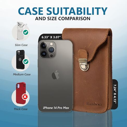 حافظة هاتف محمول من الجلد الطبيعي من Ranboo تناسب هاتف iPhone 15 Pro Max Samsung Galaxy A14 A54 S23 Ultra S22 Ultra S21 Ultra Note 20 Ultra 10+ 9 8، حافظة حزام الهاتف مع حقيبة خصر بمشبك حزام (بني) in Kuwait