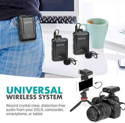 نظام ميكروفون Movo WMX-1-DUO 2.4 جيجا هرتز ثنائي لاسلكي Lavalier متوافق مع كاميرات DSLR وكاميرات الفيديو وأجهزة iPhone والهواتف الذكية التي تعمل بنظام Android والأجهزة اللوحية - رائع لتعليم البرامج التعليمية (متجدد) in Kuwait