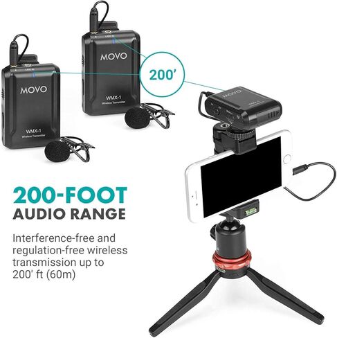 نظام ميكروفون Movo WMX-1-DUO 2.4 جيجا هرتز ثنائي لاسلكي Lavalier متوافق مع كاميرات DSLR وكاميرات الفيديو وأجهزة iPhone والهواتف الذكية التي تعمل بنظام Android والأجهزة اللوحية - رائع لتعليم البرامج التعليمية (متجدد) in Kuwait
