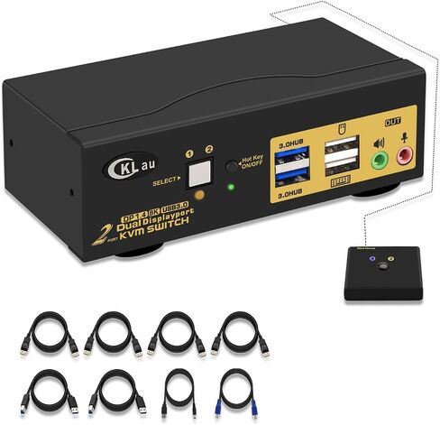 CKLau 2 Port USB 3.0 Dual Monitor KVM Switch Displayport 1.4 8K@30Hz 4K@144Hz, Display Port KVM Switch 2 Monitors with Audio and Cables in Kuwait