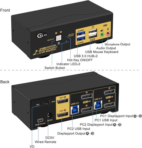 CKLau 2 Port USB 3.0 Dual Monitor KVM Switch Displayport 1.4 8K@30Hz 4K@144Hz, Display Port KVM Switch 2 Monitors with Audio and Cables in Kuwait