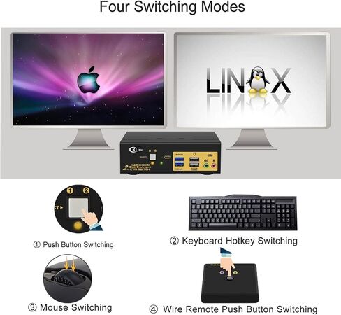 CKLau 2 Port USB 3.0 Dual Monitor KVM Switch Displayport 1.4 8K@30Hz 4K@144Hz, Display Port KVM Switch 2 Monitors with Audio and Cables in Kuwait