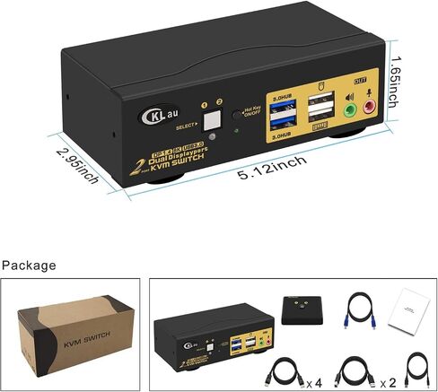 CKLau 2 Port USB 3.0 Dual Monitor KVM Switch Displayport 1.4 8K@30Hz 4K@144Hz, Display Port KVM Switch 2 Monitors with Audio and Cables in Kuwait