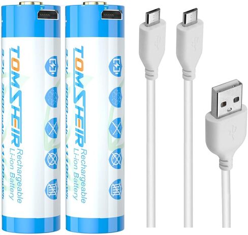 TOMSHEIR 2 Pack 3.7V Rechargeable Batteries with Micro-USB Port Cable 3000mAh Battery for Flashlights, Camera, Headlamps, Doorbells, RC Cars, Sound Equipment in Kuwait