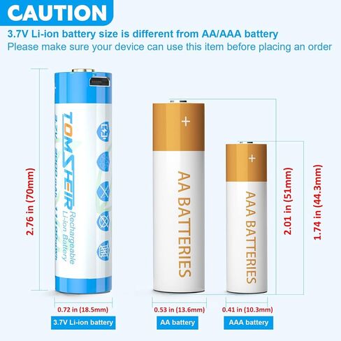 TOMSHEIR 2 Pack 3.7V Rechargeable Batteries with Micro-USB Port Cable 3000mAh Battery for Flashlights, Camera, Headlamps, Doorbells, RC Cars, Sound Equipment in Kuwait