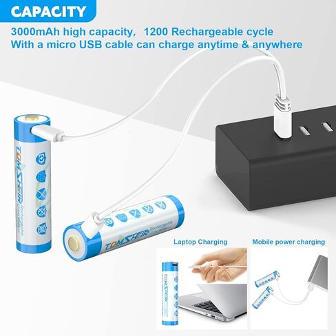 TOMSHEIR 2 Pack 3.7V Rechargeable Batteries with Micro-USB Port Cable 3000mAh Battery for Flashlights, Camera, Headlamps, Doorbells, RC Cars, Sound Equipment in Kuwait