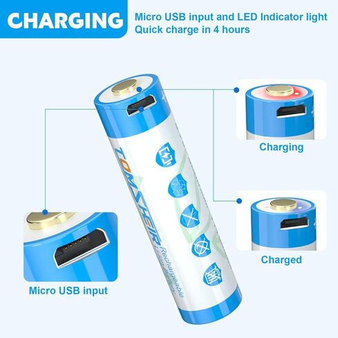TOMSHEIR 2 Pack 3.7V Rechargeable Batteries with Micro-USB Port Cable 3000mAh Battery for Flashlights, Camera, Headlamps, Doorbells, RC Cars, Sound Equipment in Kuwait