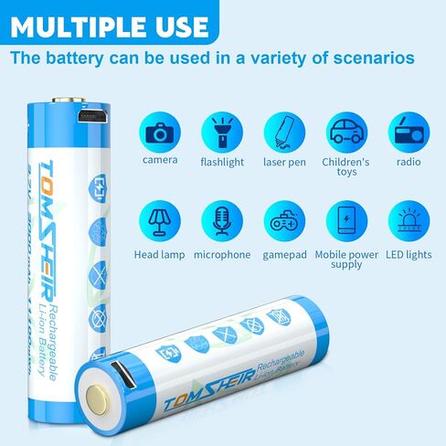 TOMSHEIR 2 Pack 3.7V Rechargeable Batteries with Micro-USB Port Cable 3000mAh Battery for Flashlights, Camera, Headlamps, Doorbells, RC Cars, Sound Equipment in Kuwait