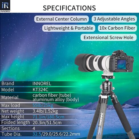 Carbon Fiber Tripod INNOREL KT324C Without Head Professional Portable Compact Travel Tripod for Digital DSLR Camera Heavy Duty Stand Support 1.28in/32.5mm Tube Max Load 55lbs/25kg with Center Column in Saudi Arabia