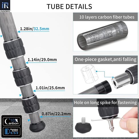 Carbon Fiber Tripod INNOREL KT324C Without Head Professional Portable Compact Travel Tripod for Digital DSLR Camera Heavy Duty Stand Support 1.28in/32.5mm Tube Max Load 55lbs/25kg with Center Column in Saudi Arabia