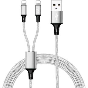 IFLASH 6 Feet Extra Long Dual Port Lighting Splitter Charging Cable - Power up to Two Apple Devices from a Single USB A Port - Ideal for iPhone 6/7/8/X/XR/11/SE (White)