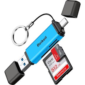 قارئ بطاقة SD، محول قارئ بطاقة الذاكرة Beikell USB 3.0/USB C - يدعم SD/Micro SD/SDXC/SDHC/MMC/RS-MMC/UHS-I، متوافق مع MacBook Pro، وMacBook Air، وiPad Pro، وGalaxy S21 الخ-الأزرق in Kuwait