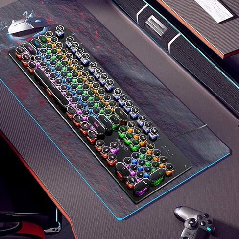 GPERHUAN Typewriter Mechanical Keyboard, Rainbow LED Backlit, Vintage Retro Style, Blue Switches, 104 Keys for PC, Mac, Black in Kuwait