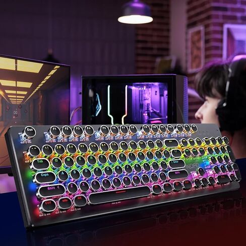 GPERHUAN Typewriter Mechanical Keyboard, Rainbow LED Backlit, Vintage Retro Style, Blue Switches, 104 Keys for PC, Mac, Black in Kuwait