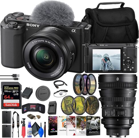 Sony ZV-E10 Mirrorless Camera with 16-50mm Lens (Black) (ILCZV-E10L/B) + Sony FE PZ 28-135mm Lens (SELP28135G) + 64GB Card + Filter Kit + External Charger + NPF-W50 Battery + More (Renewed) in Saudi Arabia