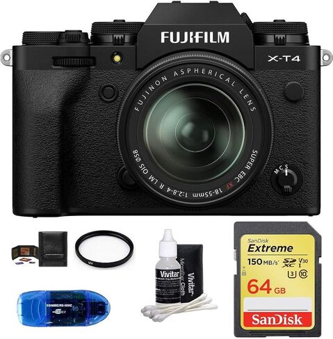 كاميرا Fujifilm X-T4 الرقمية بدون مرآة مع عدسة XF 18-55 مم f/2.8-4 R LM OIS (أسود)، تتضمن: بطاقة ذاكرة SanDisk Extreme SDXC سعة 64 جيجابايت، وفلتر للأشعة فوق البنفسجية 58 مم + المزيد (6 عناصر) in Saudi Arabia