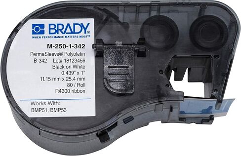 خرطوشة لاصقة Brady M-250-1-342 Polyolefin B-342 أسود على ورق لاصق أبيض، عرض 7/16 × ارتفاع 1-1/64 بوصة، لطابعات BMP51/BMP53 in Kuwait