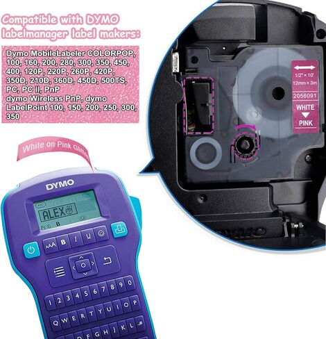 شريط ملصقات DYMO COLORPOP متوافق مع LabelPros، استبدال الملصقات المتوافقة لشريط الملصقات DYMO D1 12 مم 0.47 بوصة لـ LabelManager 160 210D 280 360D 420P، أبيض على أزرق/وردي/أرجواني لامع، 6 عبوات in Kuwait