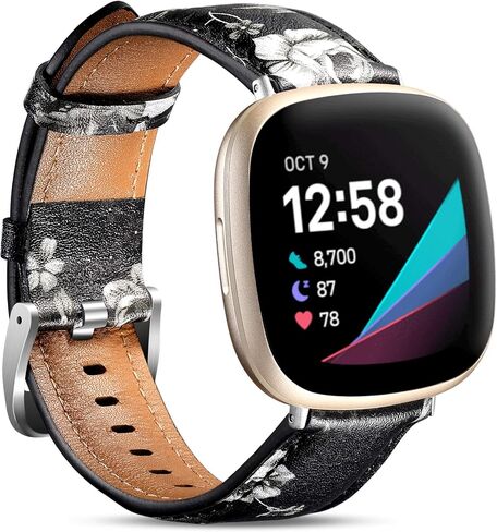 Maledan Top Grain Leather Compatible with Fitbit Versa 4 Bands for Women Men, Breathable Slim & Thin Strap Replacement Accessory Wrist band for Fitbit Versa 3/Sense/Sense 2 Smartwatch, Brown in Saudi Arabia