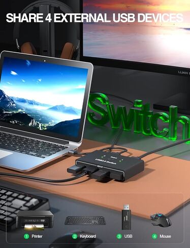 USB3.0 محدد التبديل، SIVXNEM 4 منافذ 2 أجهزة كمبيوتر محول محور USB محول لطابعة الكمبيوتر والماسح الضوئي ولوحة المفاتيح U-Disk محركات الأقراص الصلبة مع مفتاح زر و2 كابل USB ذكر (أسود) in Kuwait