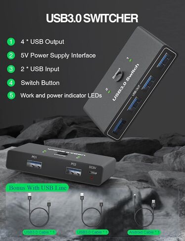 USB3.0 محدد التبديل، SIVXNEM 4 منافذ 2 أجهزة كمبيوتر محول محور USB محول لطابعة الكمبيوتر والماسح الضوئي ولوحة المفاتيح U-Disk محركات الأقراص الصلبة مع مفتاح زر و2 كابل USB ذكر (أسود) in Kuwait