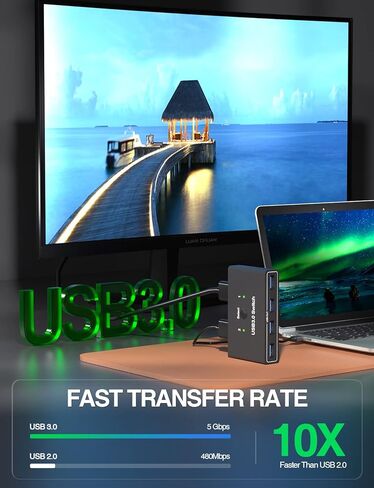 USB3.0 محدد التبديل، SIVXNEM 4 منافذ 2 أجهزة كمبيوتر محول محور USB محول لطابعة الكمبيوتر والماسح الضوئي ولوحة المفاتيح U-Disk محركات الأقراص الصلبة مع مفتاح زر و2 كابل USB ذكر (أسود) in Kuwait