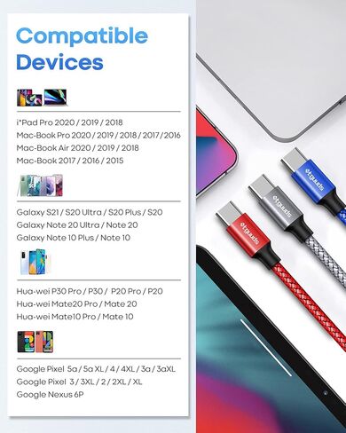 etguuds كابل USB C إلى USB C بطول 3 أقدام، 3 حزم PD 60 وات سلك شحن سريع من النوع C إلى النوع C لهاتف Samsung Galaxy S23 S22 S21 S20 Ultra S10 Note 20 5G، Z Flip Fold 5 4 3، Tab S8 S8+، Pixel، USB C حاسوب محمول in Kuwait