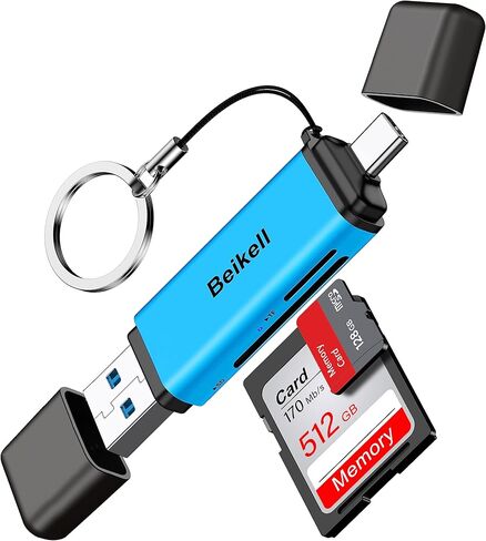 قارئ بطاقة SD، محول قارئ بطاقة الذاكرة Beikell USB 3.0/USB C - يدعم SD/Micro SD/SDXC/SDHC/MMC/RS-MMC/UHS-I، متوافق مع MacBook Pro، وMacBook Air، وiPad Pro، وGalaxy S21 الخ-الأزرق in Kuwait