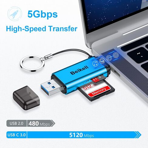 قارئ بطاقة SD، محول قارئ بطاقة الذاكرة Beikell USB 3.0/USB C - يدعم SD/Micro SD/SDXC/SDHC/MMC/RS-MMC/UHS-I، متوافق مع MacBook Pro، وMacBook Air، وiPad Pro، وGalaxy S21 الخ-الأزرق in Kuwait