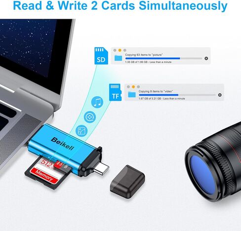 قارئ بطاقة SD، محول قارئ بطاقة الذاكرة Beikell USB 3.0/USB C - يدعم SD/Micro SD/SDXC/SDHC/MMC/RS-MMC/UHS-I، متوافق مع MacBook Pro، وMacBook Air، وiPad Pro، وGalaxy S21 الخ-الأزرق in Kuwait