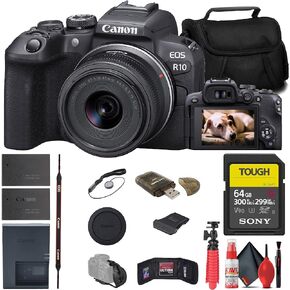 كاميرا Canon EOS R10 بدون مرآة مع عدسة مقاس 18-45 مم (5331C009) + بطاقة SD قوية سعة 64 جيجابايت من سوني + حقيبة + قارئ بطاقات + حامل ثلاثي مرن + حزام يد + محفظة ذاكرة + حافظة للغطاء + مجموعة تنظيف (متجددة) in Saudi Arabia