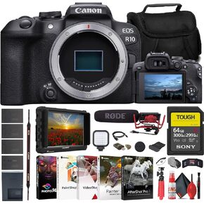 Canon EOS R10 Mirrorless Camera (5331C002) + 4K Monitor + Rode VideoMic + Sony 64GB Tough SD Card + Bag + Charger + 3 x LPE17 Battery + Card Reader + LED Light + Corel Photo Software + More (Renewed) in Saudi Arabia