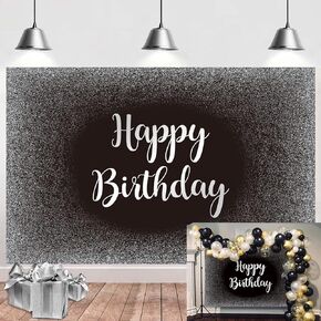 Black and Silver Happy Birthday Backdrop Father's Day Grey Glitter Birthday Photography Background Men Women Adult Birthday Decoration Supplies 8x6FT in Saudi Arabia