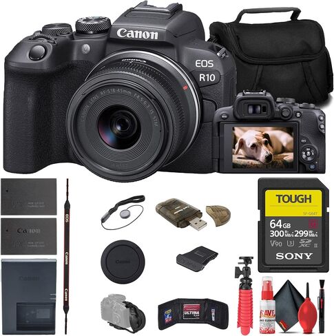 كاميرا Canon EOS R10 بدون مرآة مع عدسة مقاس 18-45 مم (5331C009) + بطاقة SD قوية سعة 64 جيجابايت من سوني + حقيبة + قارئ بطاقات + حامل ثلاثي مرن + حزام يد + محفظة ذاكرة + حافظة للغطاء + مجموعة تنظيف (متجددة) in Saudi Arabia