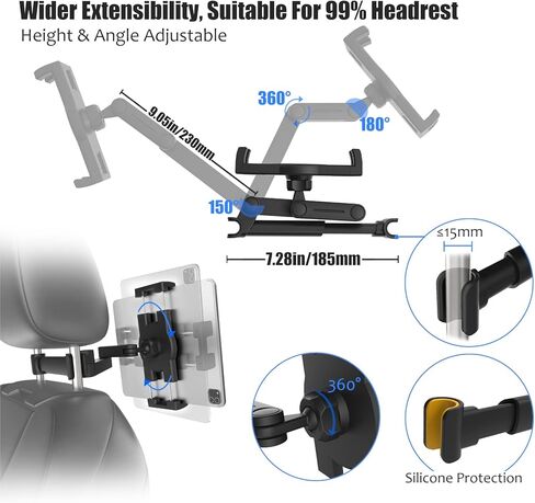 حامل الكمبيوتر اللوحي للسيارة Charchendo، مسند للرأس iPad/الهاتف للأطفال، قابل للتمدد 360 درجة قابل للتعديل بين متوافق مع iPad Pro Air Mini، iPhone، Galaxy Tabs، تبديل جميع الأجهزة مقاس 4-12.9 بوصة in Kuwait